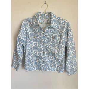 FOREVER 21 Happy Face/Flower Print Denim Jacket Size Small NWT